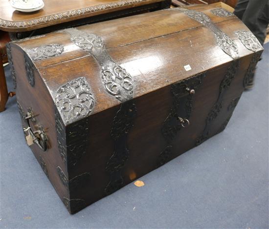 An iron bound oak zanzibar type chest, W.116cm